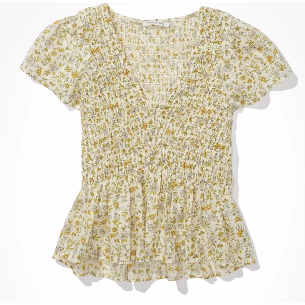 American Eagle Smocked Babydoll Blouse Women’s Floral Peplum Top Cotton size L